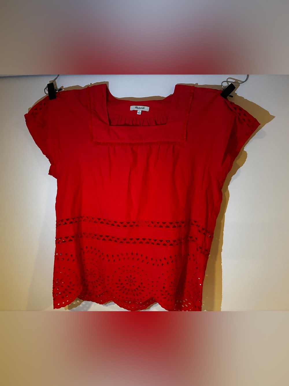 Madewell Coral-Colored Eyelet Square-Neck Cotton Short Sleeve Peasant Blouse - Picture 4 of 5